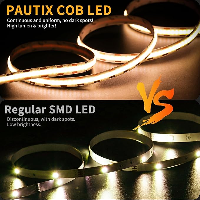 PAUTIX COB LED Strip Lights 5V USB Powered Dotless Super Bright Dimmable LED Lights 3000K Warm White 6.56ft TV Backlights,Flexible 3M Adhesive Under Cabinet Light for Bedroom,Kitchen,Shelf Lighting