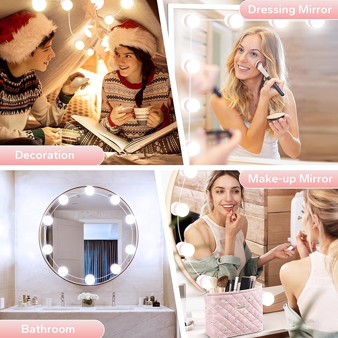 LED Vanity Lights For Mirror, Pink Vanity Light Stick on with 10 Dimmable Bulbs, 3000K 4000K 6500K & 10 Level Brightness Adjustable USB Cable Hollywood Mirror Lights for Makeup Dressing Room Bathroom