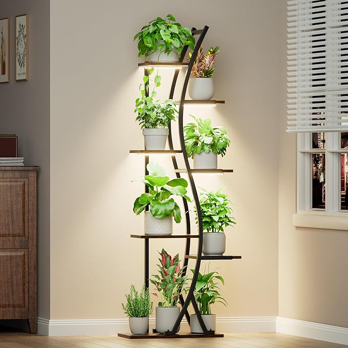 62" Plant Stand Indoor with Grow Lights - 7 Tiered Tall Metal Plant Shelf - Corner Wooden Plant Stand for Indoor Plants Multiple, Large S-Shape Flower Rack Holder for Living Room, Garden, Patio Decor