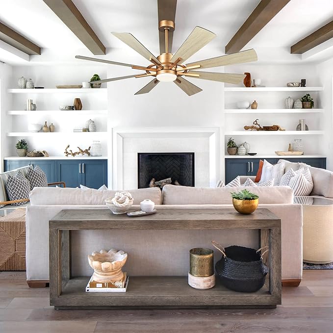 60 Inch Gold Ceiling Fans with Lights and Remote, Modern Large Outdoor Ceiling Fans for Patios, Quiet Reversible DC Motor, 6 Speeds, 3CCT, Timer, Chandelier Ceiling Fan for Living Room Bedroom