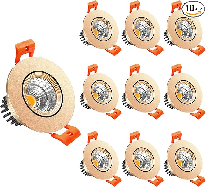 LightingWill 2inch LED Dimmable Downlight, 3W COB Recessed Ceiling Light, Warm White 3000K-3500K, CRI80, 25W Halogen Bulbs Equivalent, Gold (10 Pack)