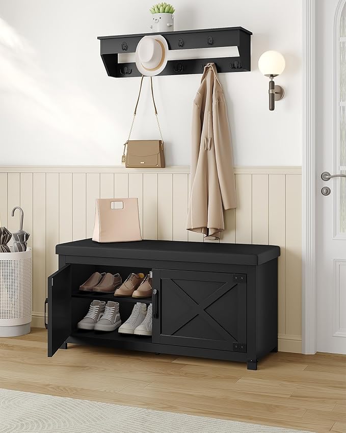 Shoe Storage Bench, 2 Tier Shoe Bench with Padded Seat Cushion & 2 Barn Doors, Entryway Bench with Adjustable Shelf, Farmhouse Shoe Cabinet for Living Room, Bedroom, Black SB26606BK