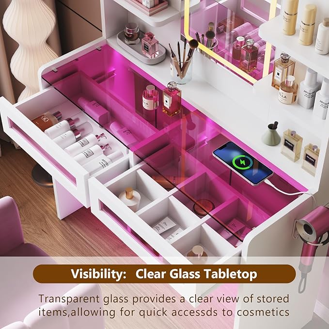 Vanity Desk with LED Lights Mirror & Power Outlet, Transparent Top Vanity with 2 RGB Drawers, 3 Lighting Modes & Adjustable Brightness, Dressing Table for Women Girls Bedroom, White Plus