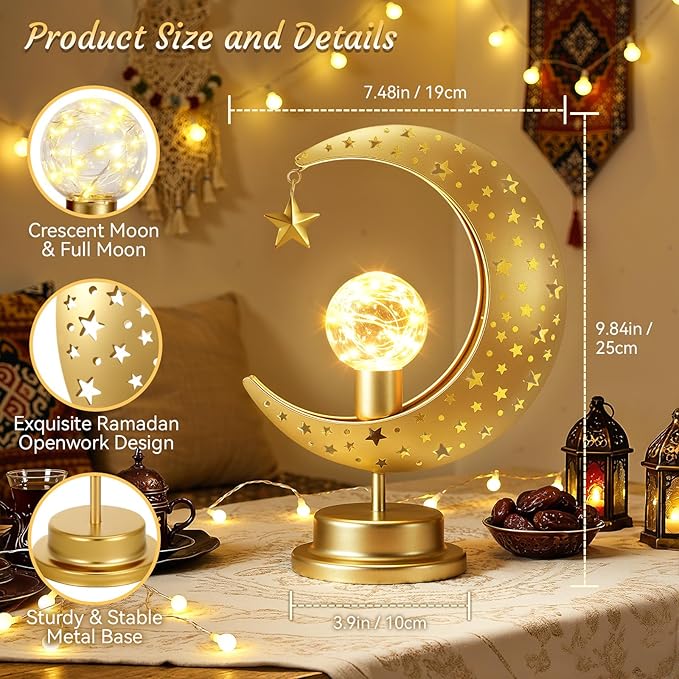 Lewondr Ramadan Moon Lamp, Crescent Moon with Star Table Lamp, Battery Powered Ramadan Desk Lamp Decorations Crescent Table Light Bedside Night Stand Desktop Living Room Home Decor, Eid Mubarak Decor