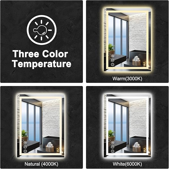 24x32 LED Bathroom Mirror with Lights, Anti Fog Vanity Mirror Wall Mounted, Dimmable Front Light and Backlight, Memory Function Tempered Glass, Shatter Proof ETL Listed
