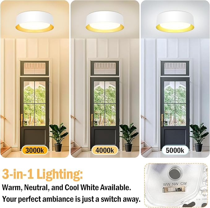 BrightHome Flush Mount Ceiling Light White, 25W LED Ceiling Light Fixture 250W Equivalent, CCT Adjustable 3000K 4000K 5000K, 13in Modern Dimmable Flush Mount Light Fixture for Bathroom Hallway