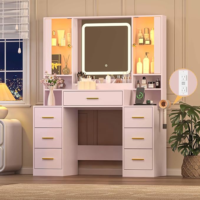 Pink Makeup Vanity Desk with Mirror & Lights, Modern Vanity Table with Charging Station, 7 Drawers, Glass Cabinet, Adjustable Shelves, Bedroom Dressing Table Set for Women & Girls