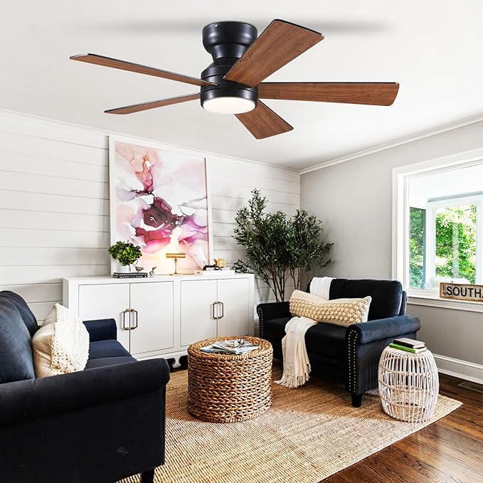 Ceiling Fans with Lights Flush Mount - 46in Low Profile Ceiling Fan Remote Control with 5 Dual-Sided Blades, Reversible 6 Speeds, Dimming & 2H Timing, Indoor Fan Light for Bedroom, Kitchen