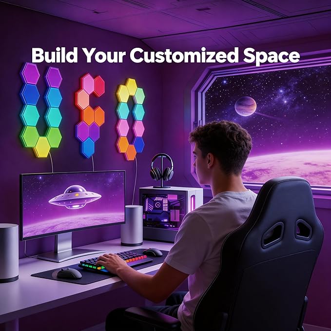 TISOFU Hexagon LED Lights - Big Hexa RGB Wall Panels 8 Pack, Wi-Fi Smart Home Creative Wall Light with Music Sync & APP, Works with Google Assistant & Alexa for Gaming Decor, Bedroom, Gift