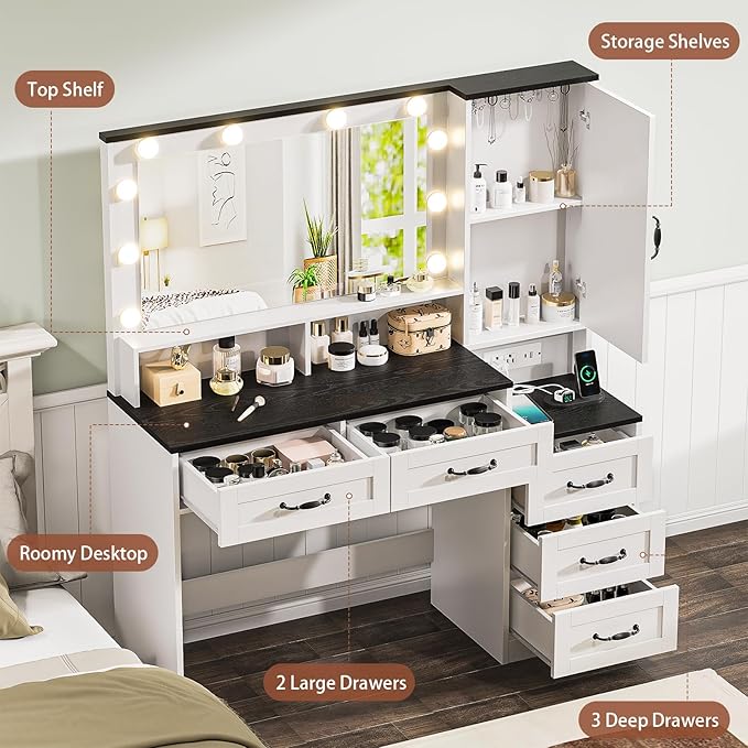 Farmhouse Vanity Desk Makeup Table with Mirror and 10 Lights, 45.3" Large Vanity Desk with Power Outlet, 5 Drawers, 1 Cabinet & 9 Jewelry Hooks, Dressing Table for Women Girls White & Black