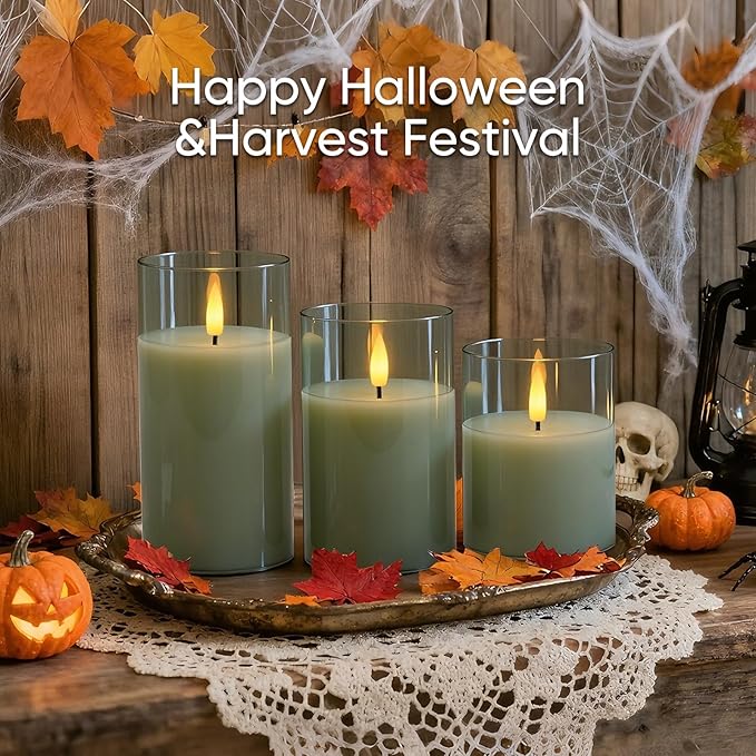 5plots Flameless Battery Operated Candles Set of 3, Green LED Candles with Remote Timer, Real Wax Glass Pillar Candles Warm Flickering Light for Indoor Home, Halloween, Christmas Decor D3 x H4 5" 6"