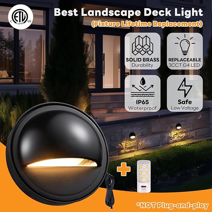 Gardenreet Low Voltage Deck Lights - Landscape Solid Brass LED Step Lights Outdoor, 12V Hardwired IP65 Waterproof, Round Black for Fence Wall Stair with 3 Color Temp(2700K/3000K/4000K) G4 Bulb 8 Pack