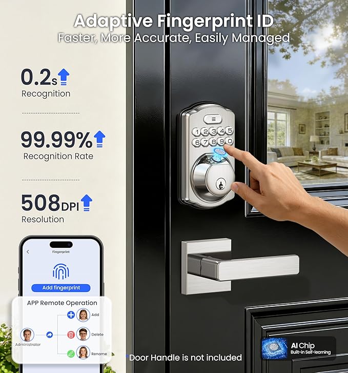 Veise VE012W Built-in WiFi Fingerprint Smart Lock, App Remote Control, Compatible with Alexa & Google Assistant, Keyless Entry for Front Door, Digital Keypad Deadbolt, Auto Lock, Satin Nickel