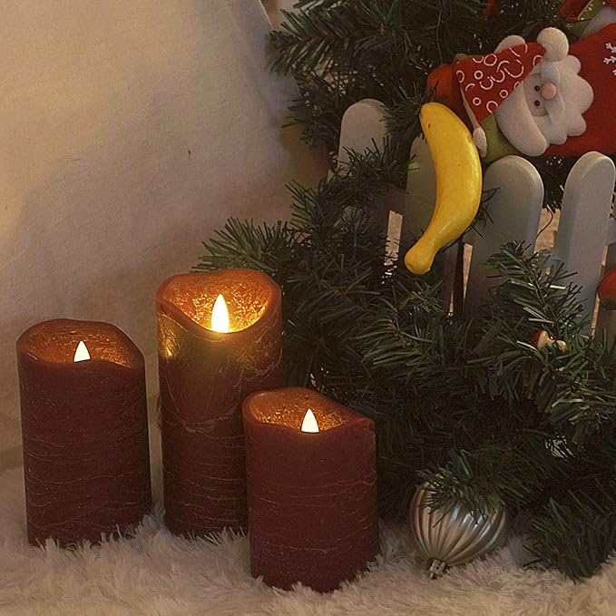 CANDLE CHOICE Battery Operated Flameless Candles with Remote Timer Real Wax Realistic Flickering Electric LED Pillar Lights for Home Wedding Party Christmas Decorations 3 Pack Rustic Texture Burgundy