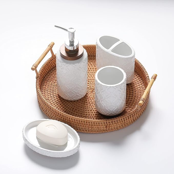 RQYIXI Elegant 4 PCS Ceramic&Wood Bathroom Accessories Set:Soap Dispenser,Toothbrush Holder,Tumbler,Soap Dish,Easy to Clean,Quatrefoil Pattern,White-Affordable Luxury for Home Decor Enthusiasts