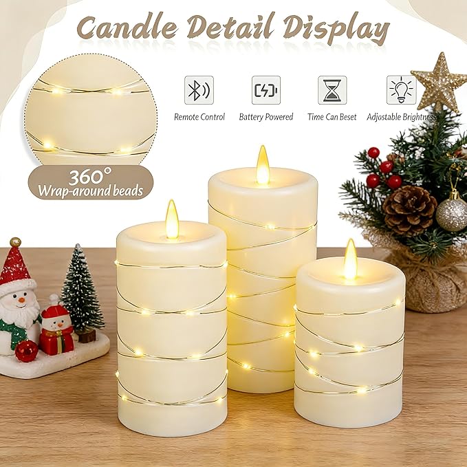 Flickering flameless Candles, Battery-Powered, with String Lights, Remote Control, Timer, Realistic Plastic Pillar Candles, Ivory White, Set of 3, Durable.