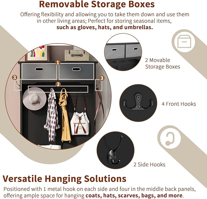 Hall Tree with Shoes Bench, Entryway Coat Rack with Storage Shelves and Drawers, 33.5''W Coat Hanger for Entrance, Hallway (Black)