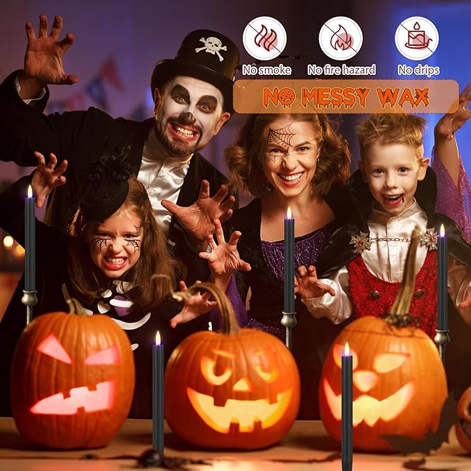 Black Flameless Taper Candles with Remote, 9.6" Halloween Battery Operated Candles 3D Wick, 3 Pack Real Wax Led Candlesticks Flickering Electric Candle for Halloween, Home, Party Decor