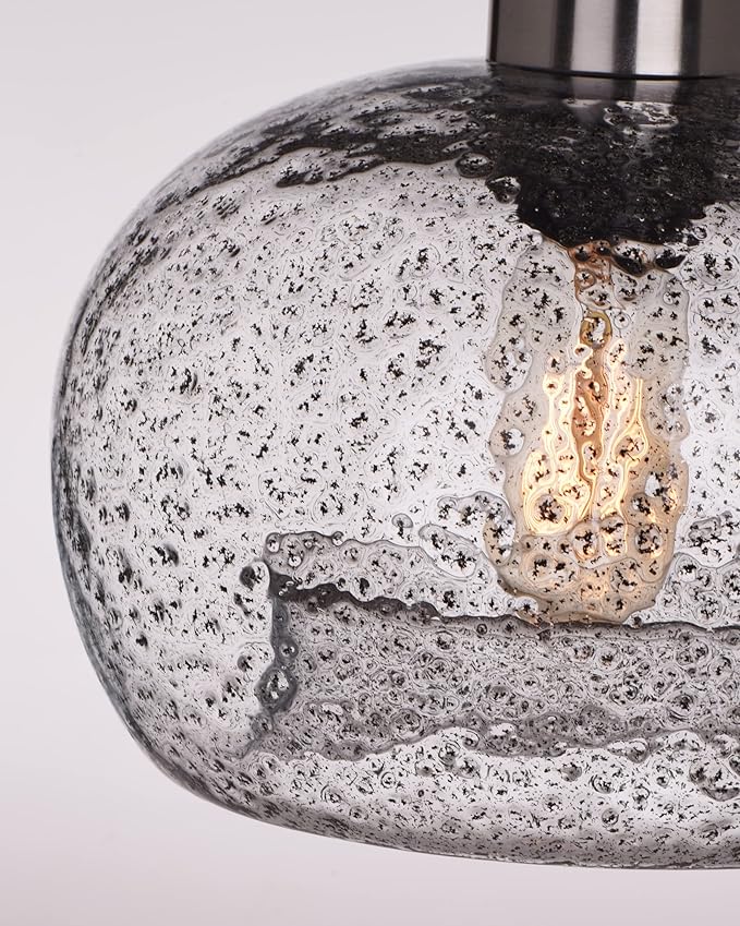 CASAMOTION Pendant Lighting Handblown Glass Drop Ceiling Lights, Modern Rustic Hanging Light Clear Seeded Glass with Black Sand Powder, Brushed Nickel Finish 8.7 Inch Diameter