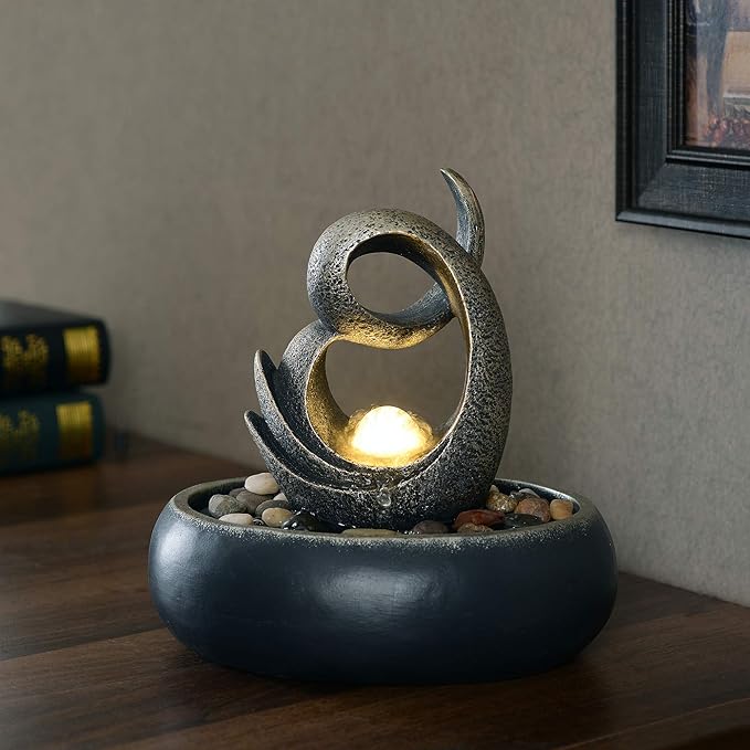 Teamson Home Tabletop Water Fountain Indoor Room Décor Sound Machine with Water Pump, Abstract Upright Sculpture with LED Light Faux Rocks, Indoor Zen for Home Office Living Room, Charcoal/Bronze