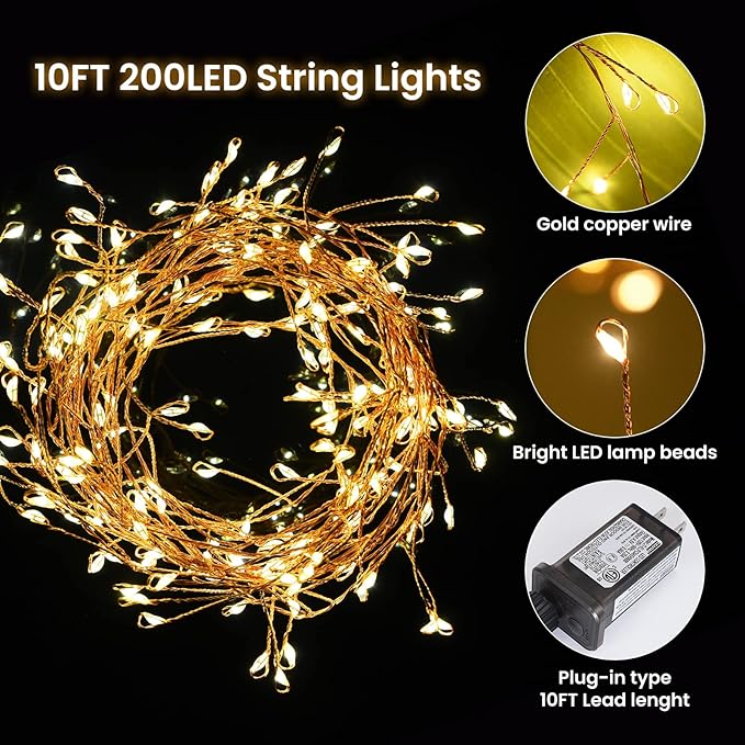 Dailyart Fairy Lights Plug in, 200 Led Twinkle String Light with Remote 10Ft 8 Modes Warm Cluster Lights with Timer for Bedroom Wreath Party Window Wedding Christmas Tree Decoration Gold Wire