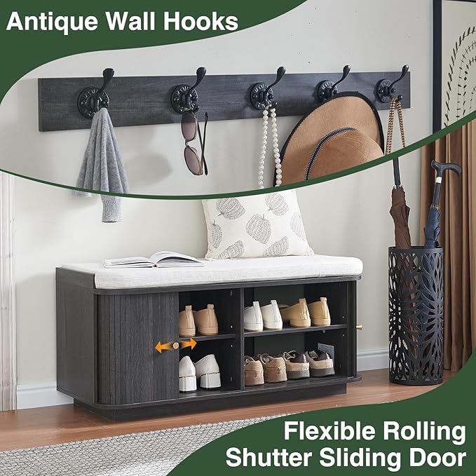 Hall Tree with Bench and Shoe Storage, Entryway Bench with Sliding Door Cabinet, Removable Padded, Metal Wall Hooks and Adjustable Storage Compartments, for Entry, Hallway, Living Room, Dark Grey
