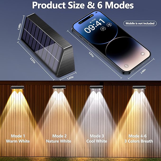 Brizled Solar Fence Lights Outdoor, 12 Pack 6 Modes 2700/4500/6500K 250ml Fence Solar Lights, IP65 Waterproof Outdoor Wall Light Landscape Lighting for Backyard Garden Patio Deck Railing Wall Poolside