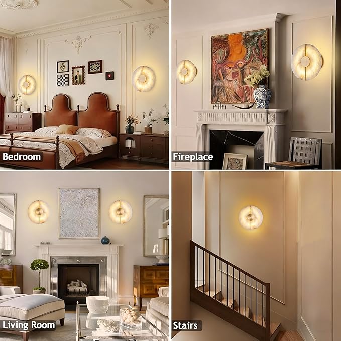 White Alabaster Wall Sconce Brass Natural Marble Wall Sconce Vintage Gold Round Store Modern LED Wall Light Fixture Mid Century Wall Mounted Lamp for Bedroom Hallway Living Room Bathroom