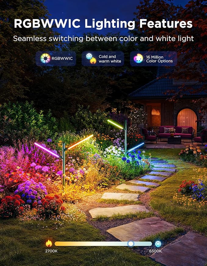 Govee Outdoor Garden Lights 2 Pack, RGBWWIC IP66 Waterproof Pathway Lights, 16 Million Colors, 64 Scenes for Outdoor Decor, Patio, Landscape Lighting, Compatible with Alexa, Google Assistant, Matter