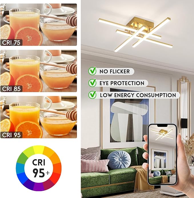 CANEOE Modern Ceiling Light Fixture, Gold Dimmable Close to Ceiling Light with Remote Control,Sputnik Flush Mount Ceiling Lamp for Bedroom Living Room Kitchen Modern Chandelier Light Fixture Ceiling