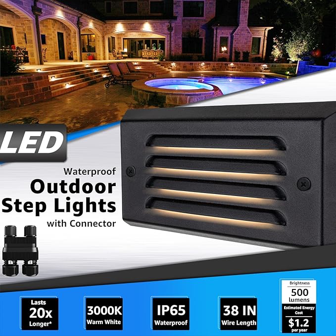 SUNVIE Low Voltage Step Lights 5W LED Step Lights Outdoor 3000k Low Voltage Deck Light with Horizontal Louver Faceplate Deck Stair Light for Stairs Fence Post Fastlock2 Connectors Included, 8 Pack