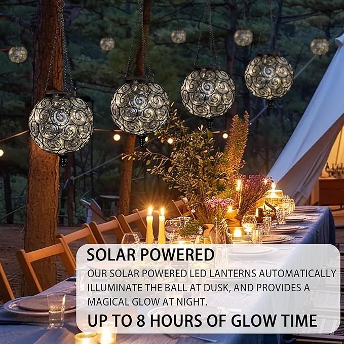 Solar Hanging Lantern Outdoor Garden Lights, Round Glass and Metal Hanging Lantern, 15 Firefly LED Lights, 7 x 20 Inch (Clear)