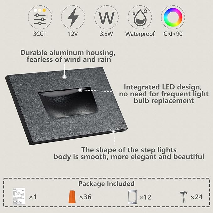 FTL 12-Pack Step Lights Outdoor Stair Light 12V LED, 3000K/4000K/5000K 3 Color Changing Stair Lights Indoor 3.5W 150LM Waterproof Indoor Deck Step Light, Low Voltage Black Staircase Lighting Aluminum