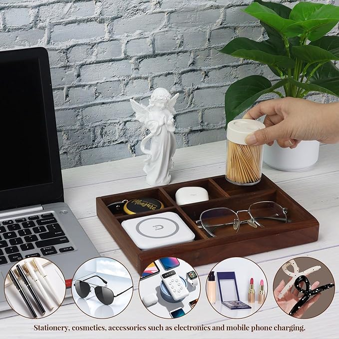 MultiBey 5-Slot Walnut Valet Tray Organizer | Wooden Valets Tray for Nightstand, Dresser & Desk |EDC Catchall Trays with 5 Sections for Jewelry, Wallet, Watch, Keys, Earbuds (Walnut)