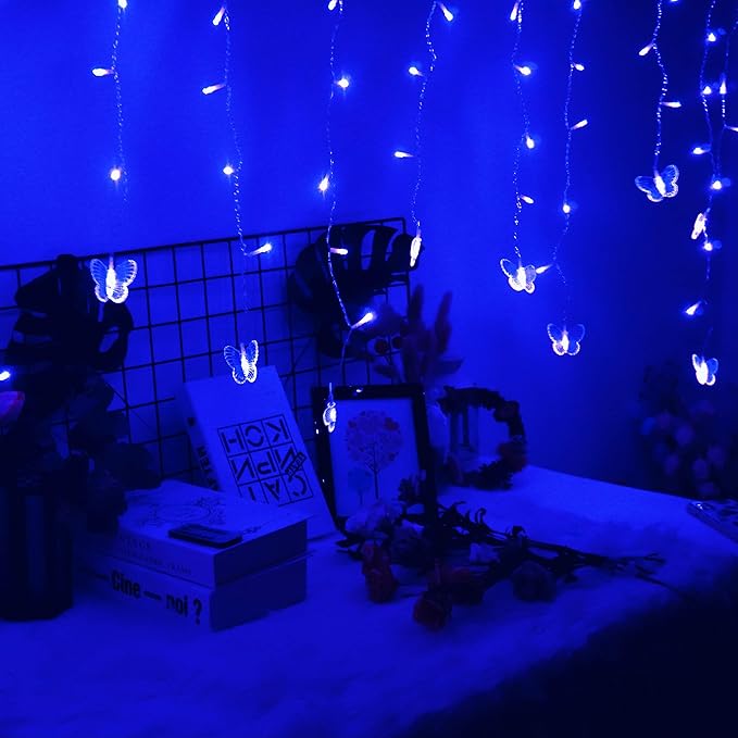 Butterfly Curtain Fairy Lights USB Plug in,8 Modes 120 LED 19.7FT Firefly Twinkle Timer String Lights with Remote, Waterproof Copper Wire for Bedroom Patio Christmas Wedding Party Dorm (Blue)