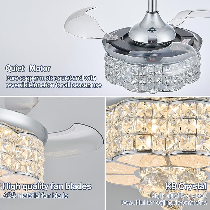30" RGB Crystal Retractable Ceiling Fan with Light Dimmable LED Chandelier, Remote & App Control, 6-Speed Timer, Memory Function for Bedroom Living Room,Silver
