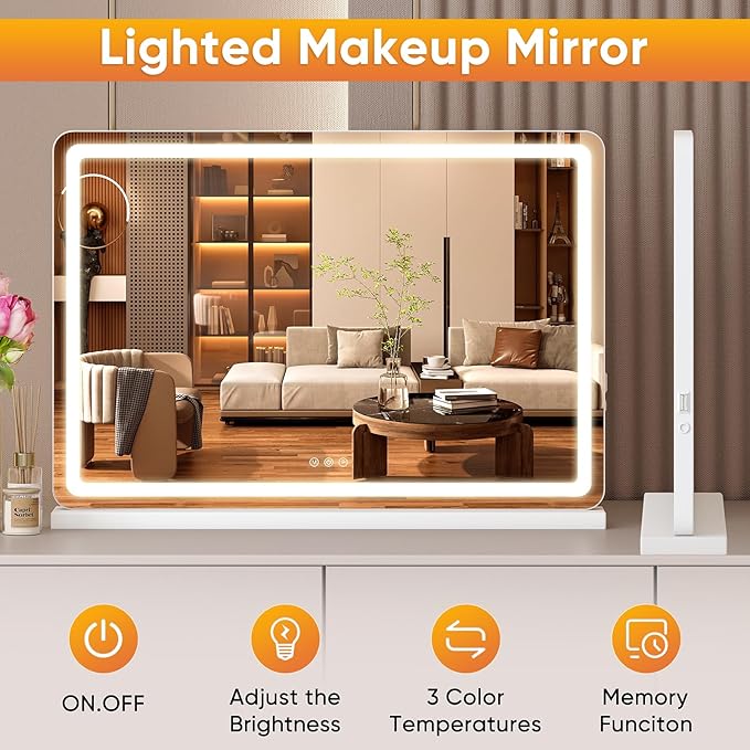 NEWBULIG 22"x32" LED Vanity Mirror with Lights, Lighted Smart Tabletop Makeup Mirrors for Desk, Touch Control Dimmable Brightness, 3 Color Lighting Modes