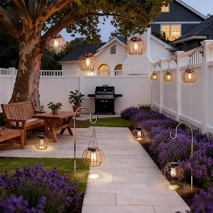 Hanging Solar Lanterns Outdoor Waterproof, Vintage Copper Hanging Lights, Solar Chandelier for Yard Garden Gazebo Pergola Porch Decor, 2 Pack