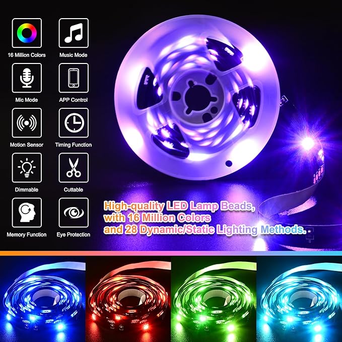 Motion Sensor LED Light Strip Indoor 19.68ft/6M, Under Bed Lights RGB Color Changing | Music Sync | App & Remote Control | ETL Listed Adapter Dimmable | Night Lights for Bedroom, Stair, Cabinet Decor