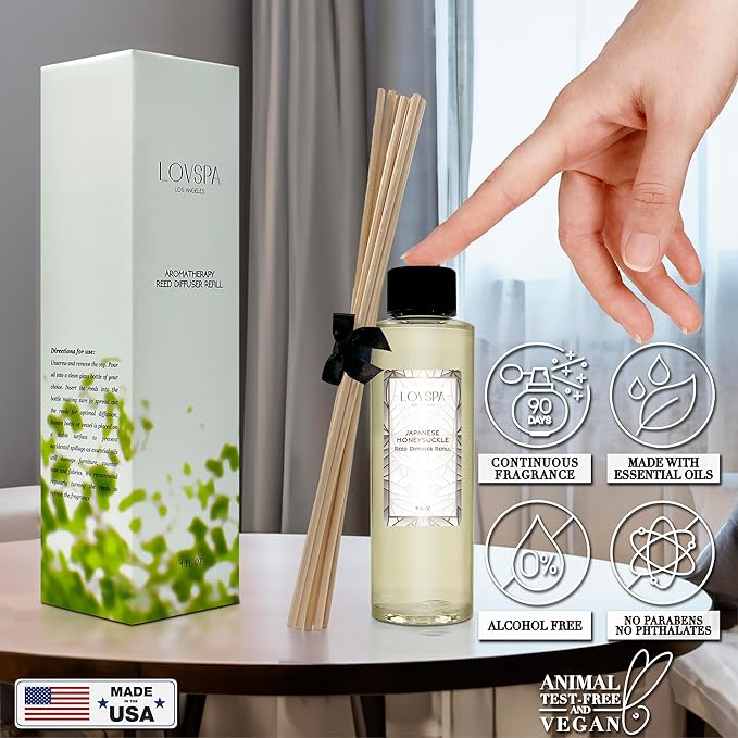 LOVSPA Japanese Honeysuckle Diffuser Oil - Luxury Essential Oils for Diffuser Refill & Air Freshener Room Spray - Long-Lasting & Natural Home Fragrance, Scented Oil for Diffusers, USA Made, 4oz