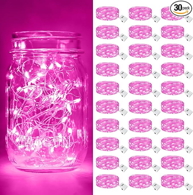 btfarm Valentine's Day 30 Pack Pink Fairy Lights Battery Operated 3 Modes, 7ft 20 Led Twinkle String Lights Waterproof, Bulk Small Mini Light for Mason Jars Christmas Vases Wedding Table Decorations