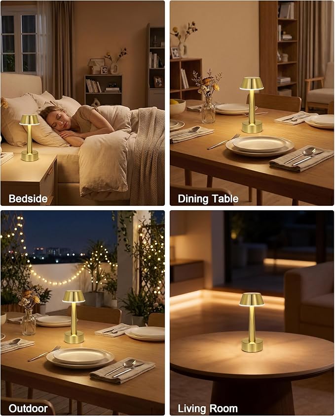 Cordless Rechargeable Table Lamp Small Battery Operated Lamp for Restaurant, 3 Color Stepless Dimmable LED Touch Lamp Gold Portable Night Lights for Bedside Living Room Kitchen Bar Outdoor Patio Décor