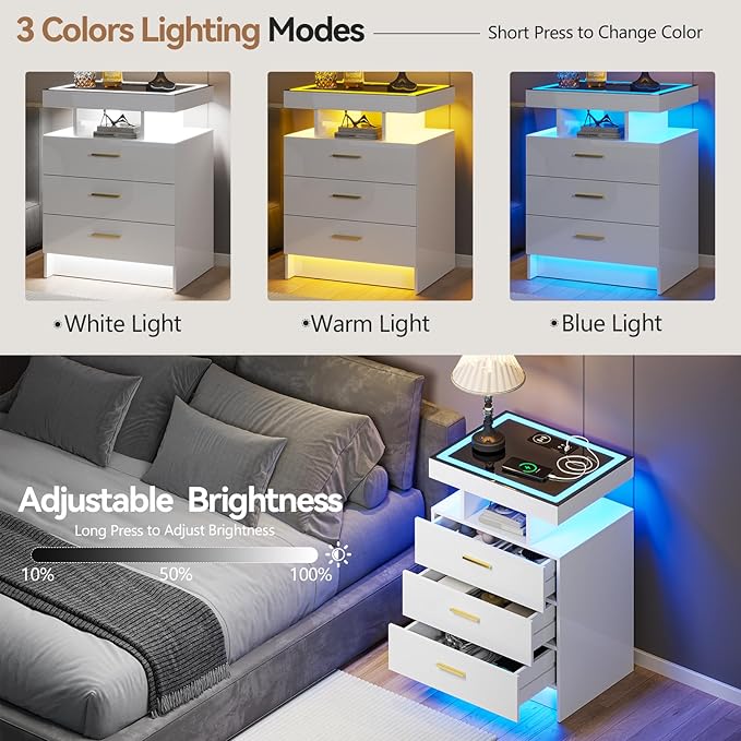 White Night Stand Set 2 with Wireless Charging Station,Smart Bedside Table with 3 Drawers,Modern Glass Top End Table with 3 Color Dimmable,LED Nightstand for Bedroom