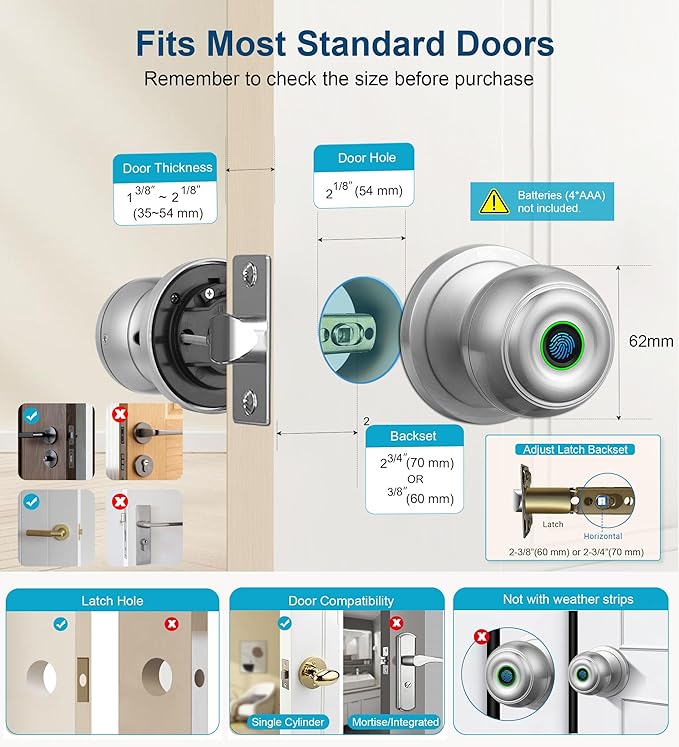 Fingerprint Door Lock, Smart Fingerprint Door Knob with Lock, Biometric Door knob with App Control & Key, Keyless Thumbprint Entry Door Lock for Bedroom, Front Door, Home, Apartment -Satin Nickel