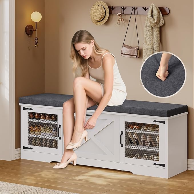 Farmhouse Storage Bench with Flip Drawers & Padded Seat Cushion, Half Hidden Shoe Rack Organizer, Adjustable Shelf Shoe Cabinet for Entryway, Bedroom, Living Room (White, 57IN)