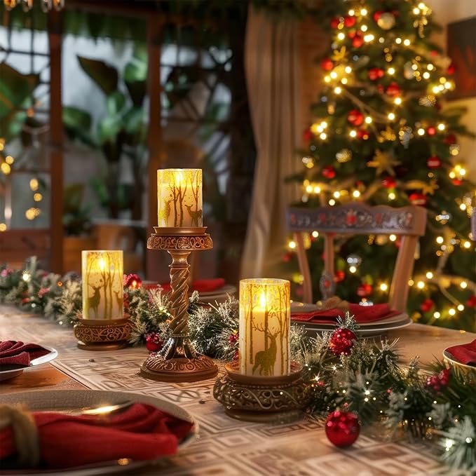 Homemory Christmas Flickering Flameless Candles with Remote Timer, Gold Deer Battery Operated Candles, Glass Real Wax LED Pillar Candles for Home Holiday Decor, Set of 3