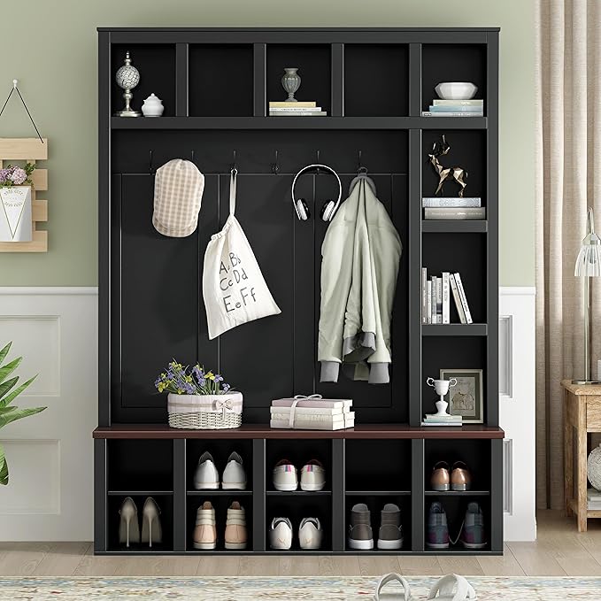 Farmhouse Style Hall Tree with 6 Hooks, Practical Walnut Storage Bench with Adjustable Shelves, Wooden 4-in-1 Entryway Shoe Cabinet with 13 Cubbies for Mudroom, Living Room (Black + Dark Walnut-8)