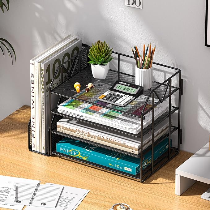 Metal Desk Organizers and Accessories with File Holder – Aesthetic Black Desk Accessories for Women Office Setup – Decorative Desk Set with Magazine Rack – Office Decor for Teen Girls