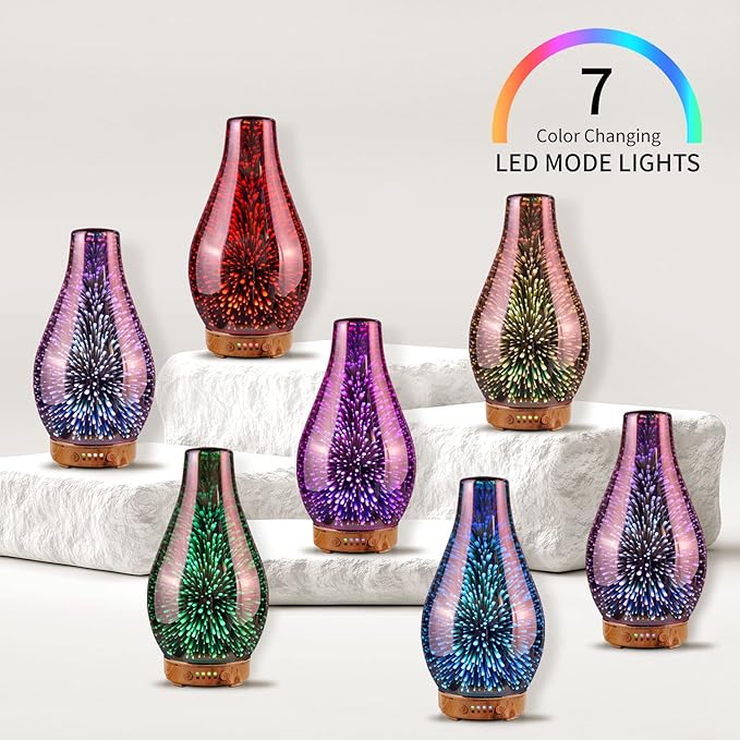 Porseme Essential Oil Diffuser, Aroma Ultrasonic Humidifier with Rose Gold Handmade Glass, BPA Free, 7 Color Changing Night Light, Waterless Auto-Off, Timer Setting (Rose Gold Volcano)