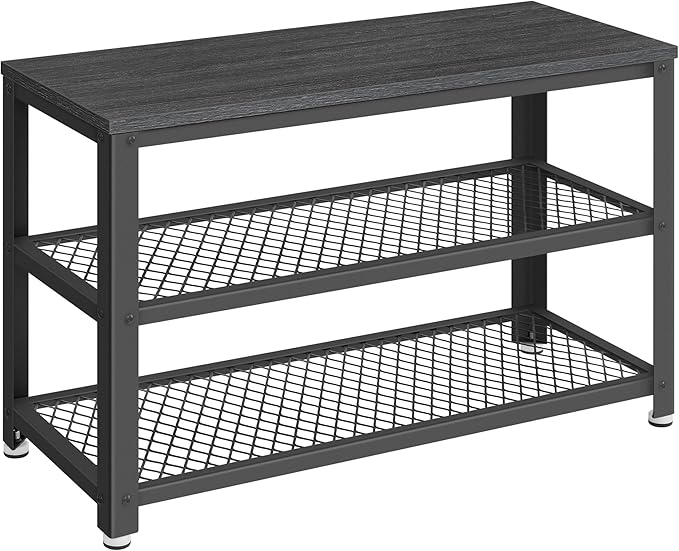 VASAGLE 3-Tier Shoe Rack, Shelf Storage Bench with Metal Mesh Shelves and Seat, Free Standing Shoe Organizer for Entryway, 11.8 x 28.7 x 17.7 Inches, Ebony Black and Black ULBS073B06